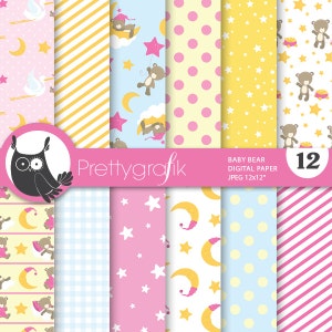 Baby girl bears digital paper, commercial use, scrapbook patterns, background PS673 image 1