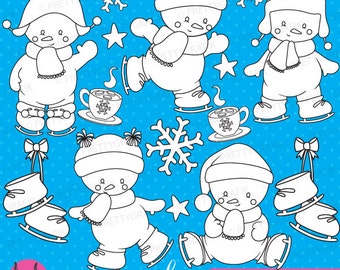 Ice skating snowman digital stamp commercial use, vector graphics, digital stamp, digital images - DS763