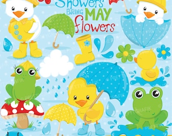 April showers clipart commercial use, duck and frog vector graphics, april digital clip art, digital images - CL824