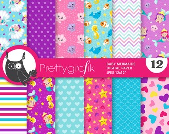 Baby mermaids digital paper, commercial use,  scrapbook patterns,  background, sports - PS871