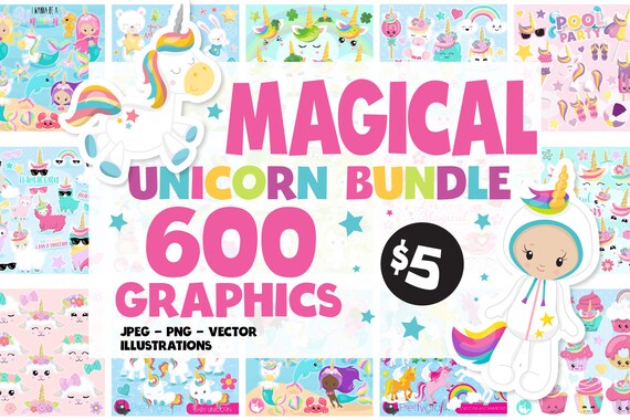 Unicorn BUNDLE graphic set, unicorns clipart commercial use, fantasy clipart, vector graphics, digital images Il_570xn