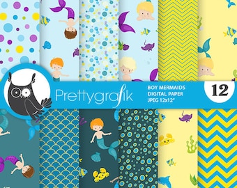 Mermaid Boys,  patterns, commercial use, scrapbook papers, background - PS1123