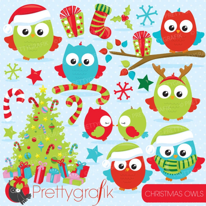 Christmas owls clipart commercial use, christmas birds, owl vector graphics, digital clip art, digital images CL758 image 1