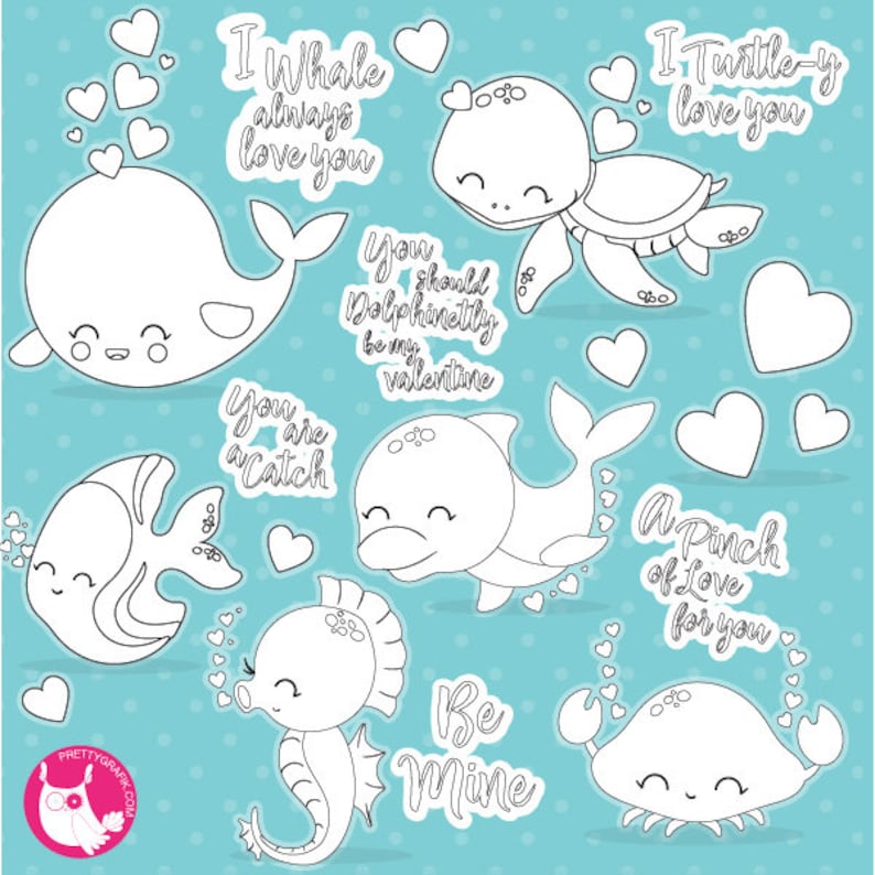 Valentine sea animals jars digital stamp commercial use, vector graphics, digital stamp, DS1055 image 1