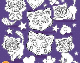 Sugar skull cats digital stamp commercial use, black lines, vector graphics, digital stamp, halloween digital images - DS1113