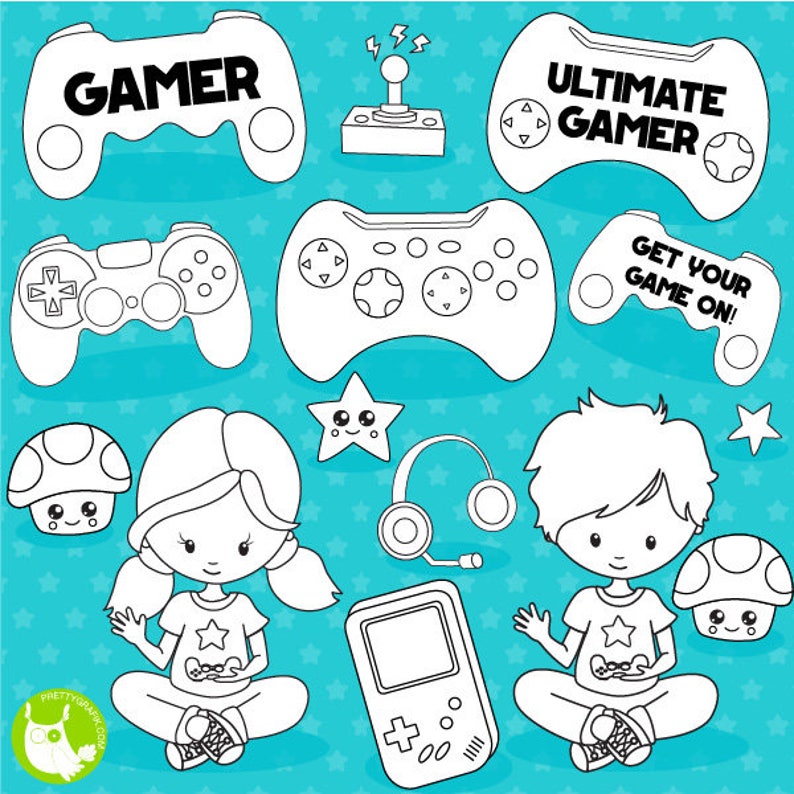 Video gamers digital stamp commercial use, black lines, vector graphics, digital stamp, digital images DS1106 image 1