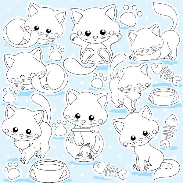 Cat and kittens digital stamp commercial use, cats vector graphics, kitties digital stamp, kitty digital images - DS979