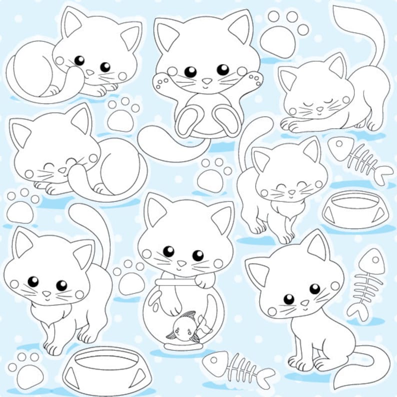 Cat and kittens digital stamp commercial use, cats vector graphics, kitties digital stamp, kitty digital images DS979 image 1