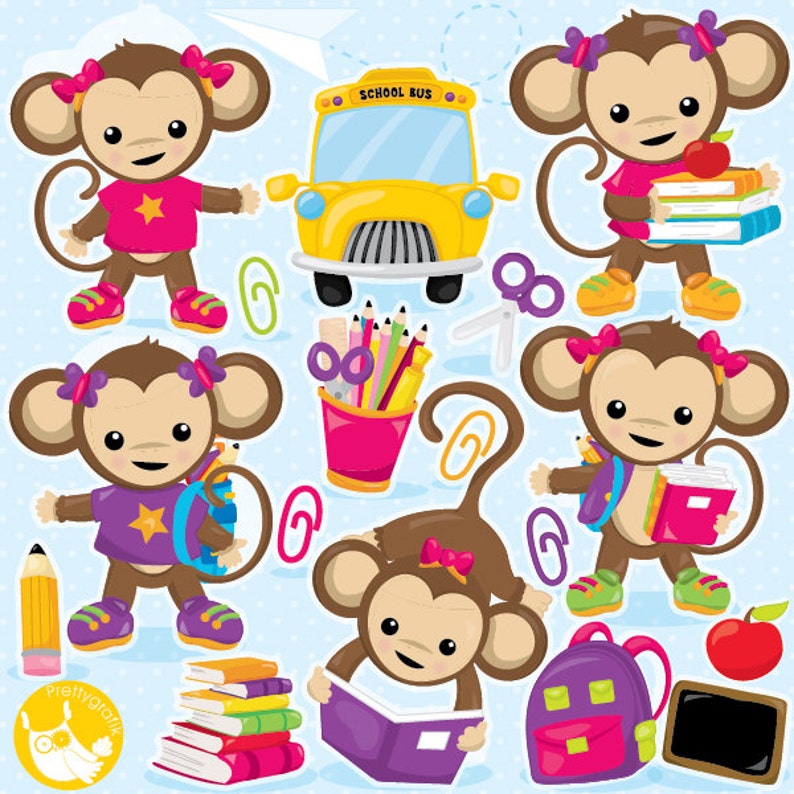 School clipart, girl Monkey school clipart commercial use, back to school graphics, digital clip art, images CL999 image 1