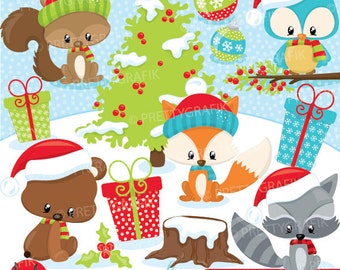 Christmas woodland animals clipart commercial use, vector graphics, digital clip art - CL926