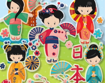 Japanese girls clipart commercial use, vector graphics, digital clip art, digital images - CL1235