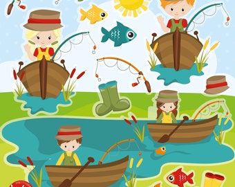 Kids Fishing, clipart, clipart commercial use,  vector graphics,  clip art, digital images - CL1354