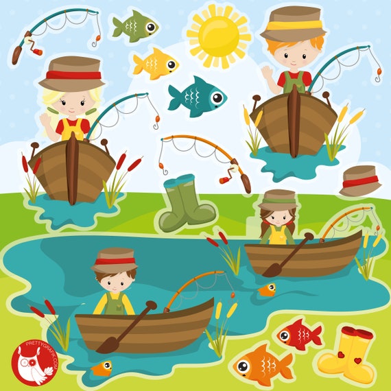 Kids Fishing, clipart, clipart commercial use, vector graphics, clip art,  digital images - CL1354