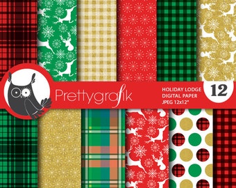 Christmas lodge digital paper, commercial use, scrapbook patterns, background chevron, holiday - PS765