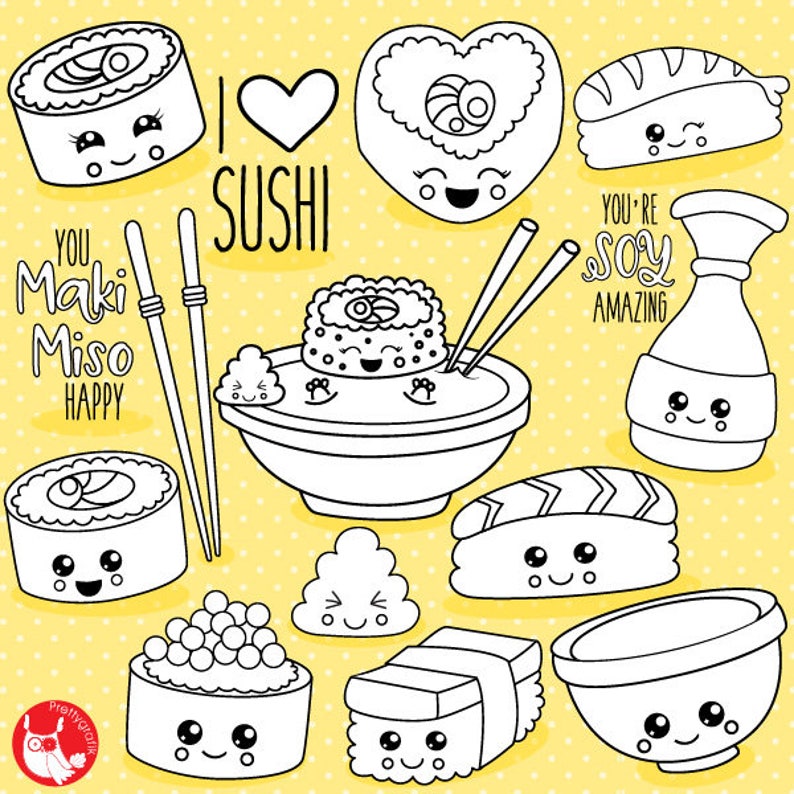 Kawaii sushi digital stamp commercial use, black lines, vector graphics, digital stamp, digital images DS1080 image 1