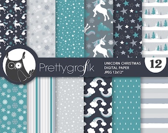 Christmas Unicorn digital paper, commercial use, scrapbook patterns, background  - PS1047