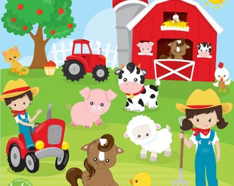 Utilisation commerciale de clipart animaux de ferme, clipart, graphiques vectoriels, clipart numérique, amis, agriculteur - CL1120