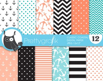 classic coastal digital paper, commercial use, scrapbook patterns, background, anchors, nautical - PS628