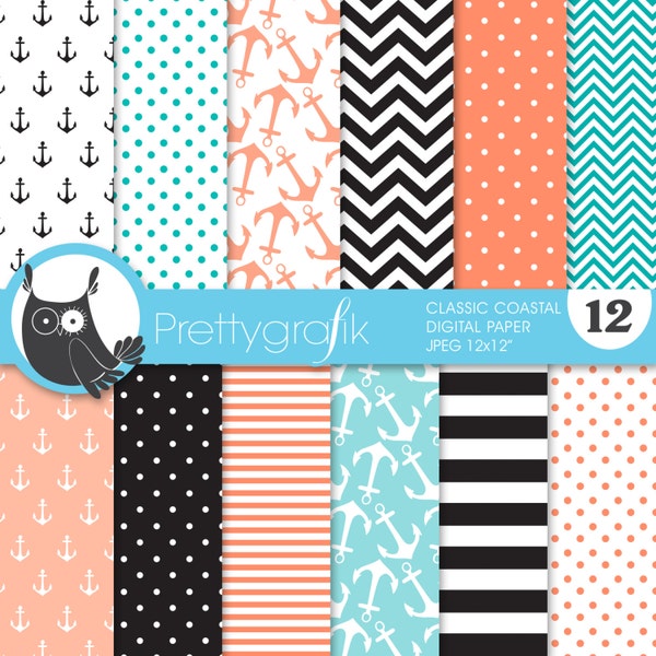 classic coastal digital paper, commercial use, scrapbook patterns, background, anchors, nautical - PS628