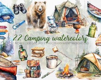 Camping clipart watercolor, png, graphics, printable, commercial use, instant download