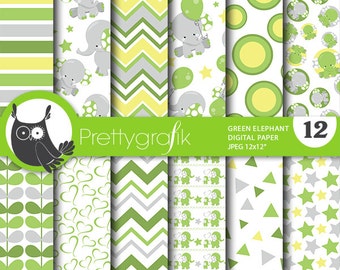 Green elephant digital patterns, baby shower commercial use, elephant scrapbook papers, baby room background  - PS806