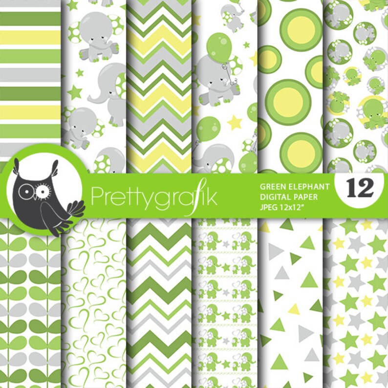 Green elephant digital patterns, baby shower commercial use, elephant scrapbook papers, baby room background PS806 image 1