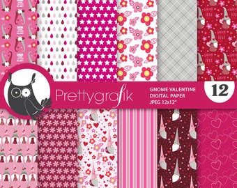 Valentine gnomes digital paper, commercial use, valentine scrapbook patterns, background papers - PS971