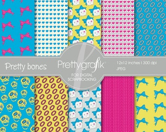 Pretty bones Digital Scrapbook Papers set, skulls, bones, macabre, bow, skeleton - PGPSPK534