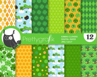 St-patrick's kawaii clovers digital patterns, commercial use, scrapbook papers, background - PS981