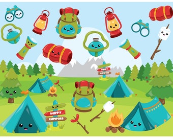 Camping clipart commercial use, Camping icons vector graphics, kawaii icons digital clip art, digital images  - CL989