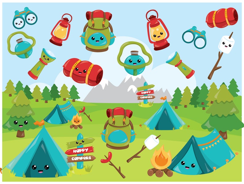 Camping clipart commercial use, Camping icons vector graphics, kawaii icons digital clip art, digital images CL989 image 1