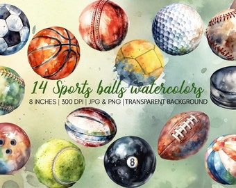 sports balls clipart watercolor, png, graphics, printable, commercial use, instant download, sports equipment
