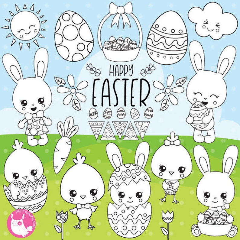 Easter digital stamp commercial use, black lines, vector graphics, digital stamp, digital images DS1075 image 1