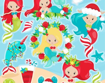 Christmas mermaids clipart commercial use, vector graphics, digital clip art, digital images - CL1204