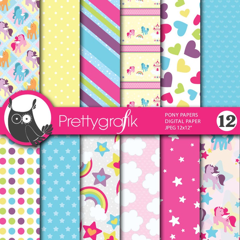 Unicorn pony digital paper, commercial use, scrapbook patterns, background PS647 image 1