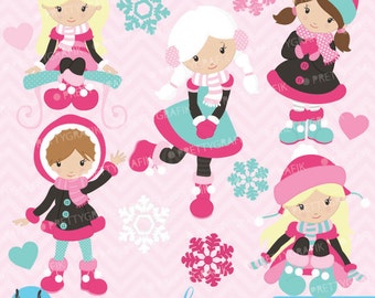 holiday snow girls clipart commercial use, vector graphics, digital clip art, digital images - CL621