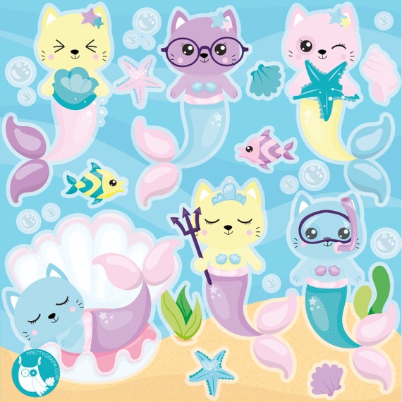 Mermaid Cat, clipart, clipart commercial use, vector graphics, clip art, digital images - CL1344 Il_570xn