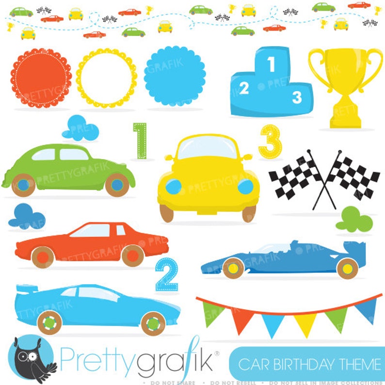 car birthday party clipart commercial use, race vector graphics, digital clip art, digital images CL637 image 1