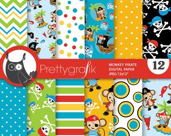 pirate monkey digital paper, monkey commercial use, pirate scrapbook patterns, pirate monkey background - PS810