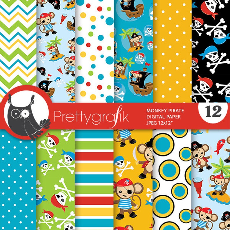 pirate monkey digital paper, monkey commercial use, pirate scrapbook patterns, pirate monkey background PS810 image 1
