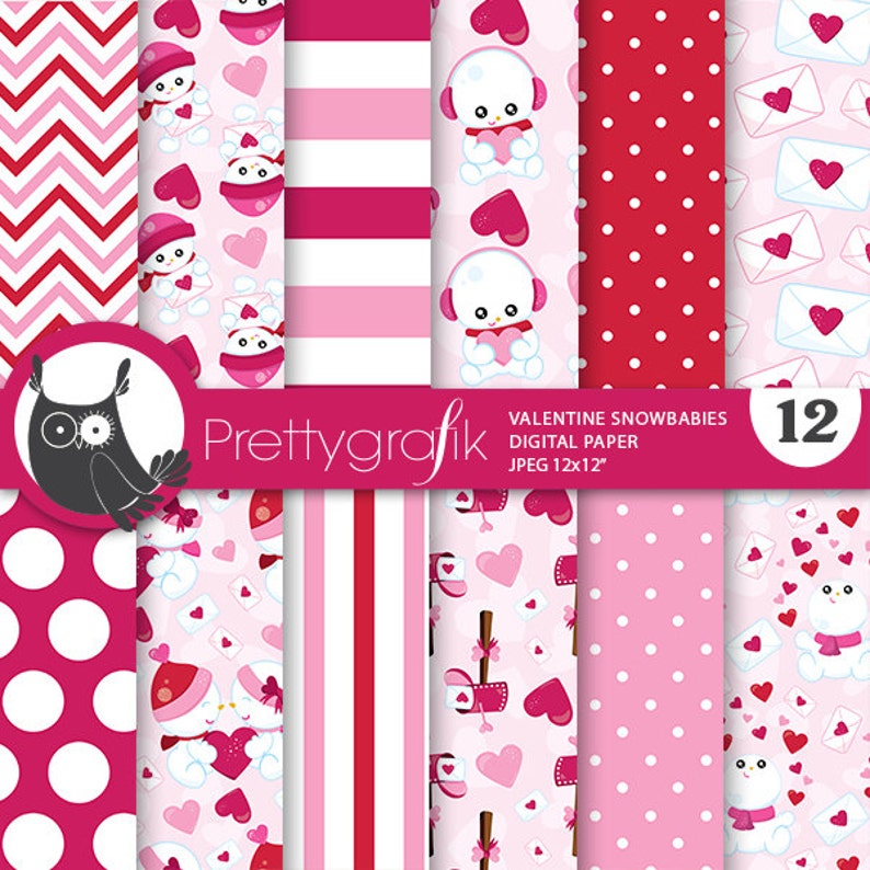 Valentine Snow babies digital paper, commercial use, valentine scrapbook patterns, background papers, valentine papers PS779 image 1