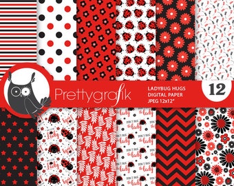 Ladybug hug patterns, commercial use, party scrapbook papers, background, baby shower - PS921