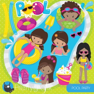 Pool party girls clipart commercial use, kids vector graphics, vacation kids digital clip art, digital images  - CL859
