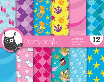 Mermaid digital paper, commercial use, scrapbook patterns, background chevron - PS664