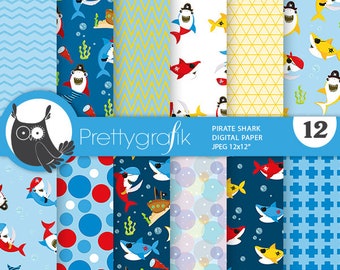 Pirate Sharks patterns, commercial use, scrapbook papers, background - PS1085