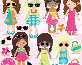 Sommer Mädchen Clipart kommerzielle Nutzung, Mode Mädchen Vektorgrafiken, Mädchen digitale ClipArt, Kleid digitale Bilder - CL984