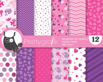 Valentine sea animals digital paper, commercial use,  scrapbook patterns, puns background - PS880