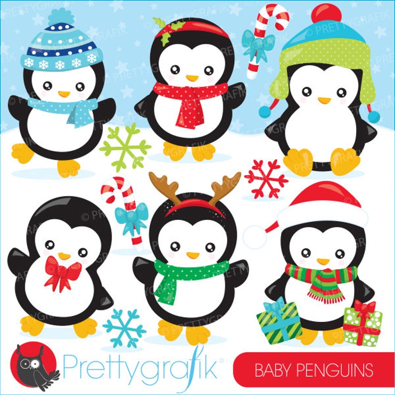 Christmas baby penguins clipart commercial use, kawai christmas penguins vector graphics, clipart CL928 image 1