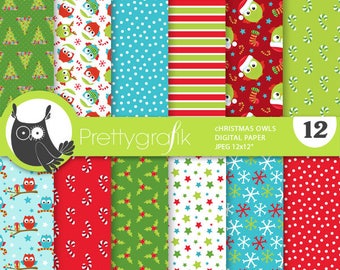 Christmas owls  digital paper, commercial use, scrapbook patterns, background chevron, Christmas, birds - PS898