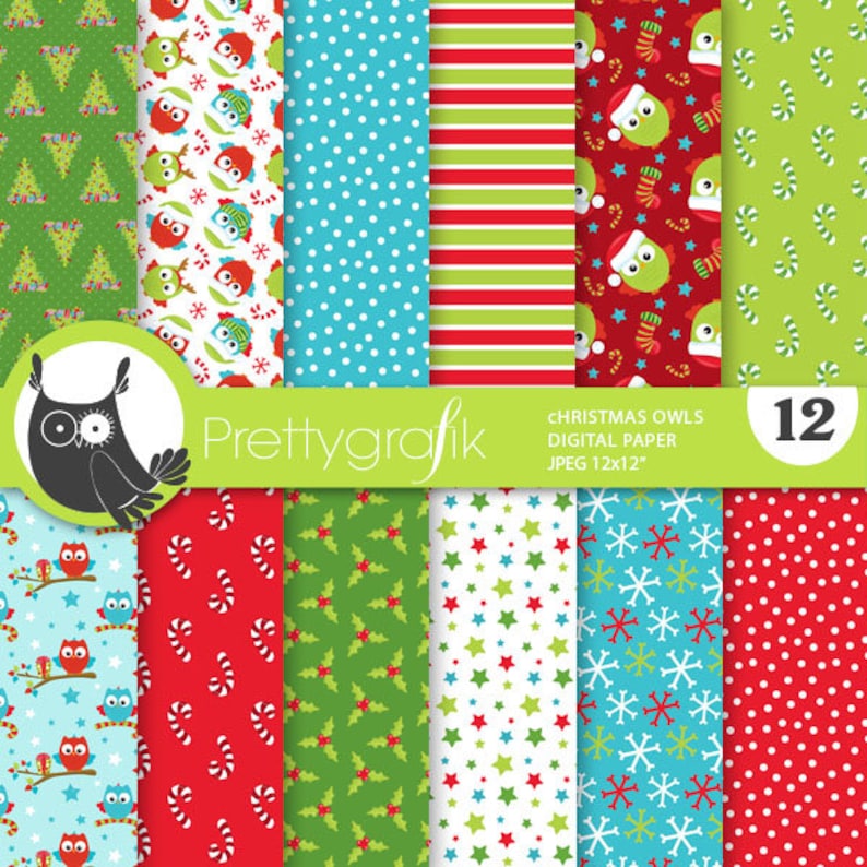 Christmas owls digital paper, commercial use, scrapbook patterns, background chevron, Christmas, birds PS898 image 1